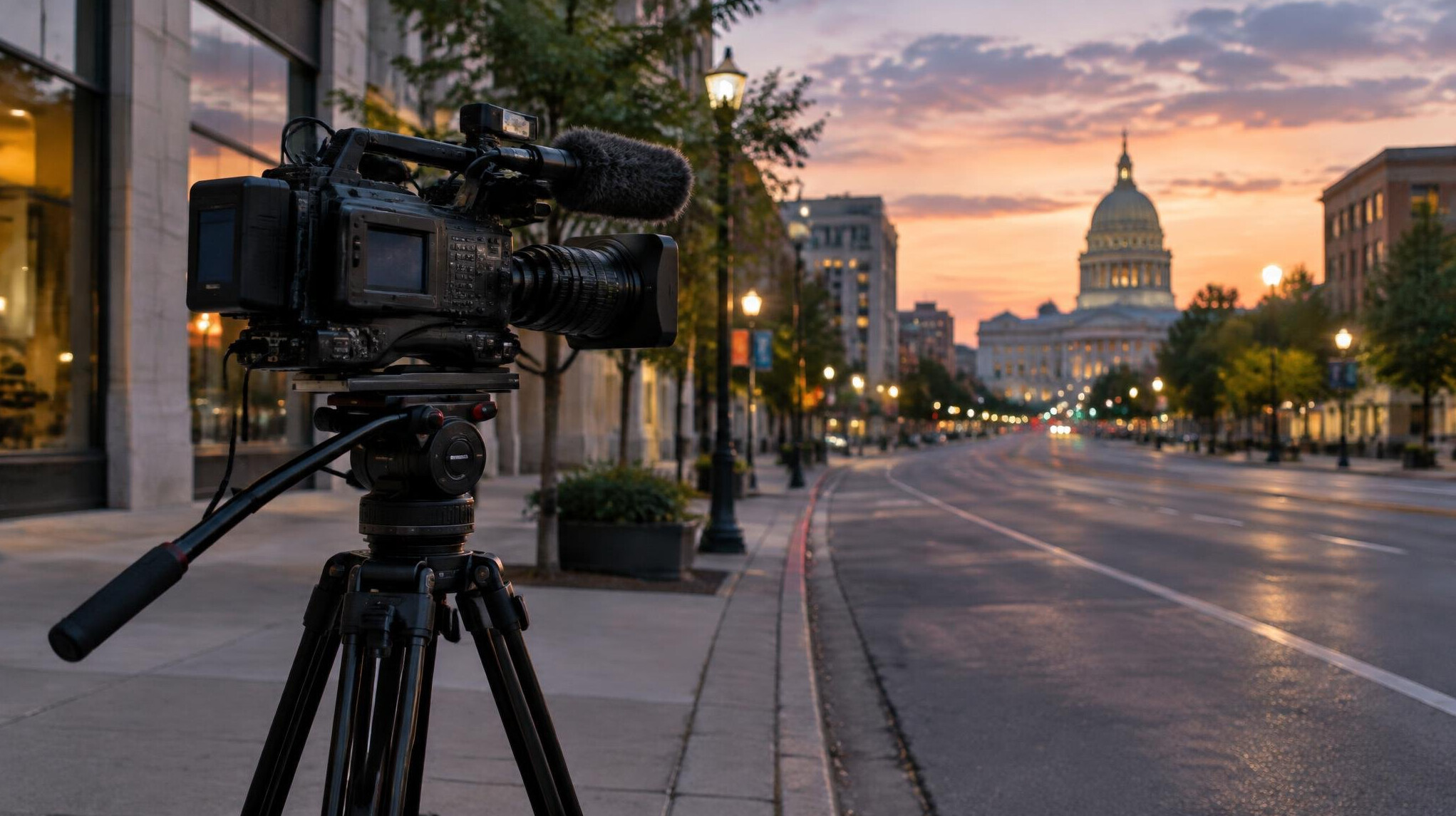 Video camera on a tripod ready for filming on location