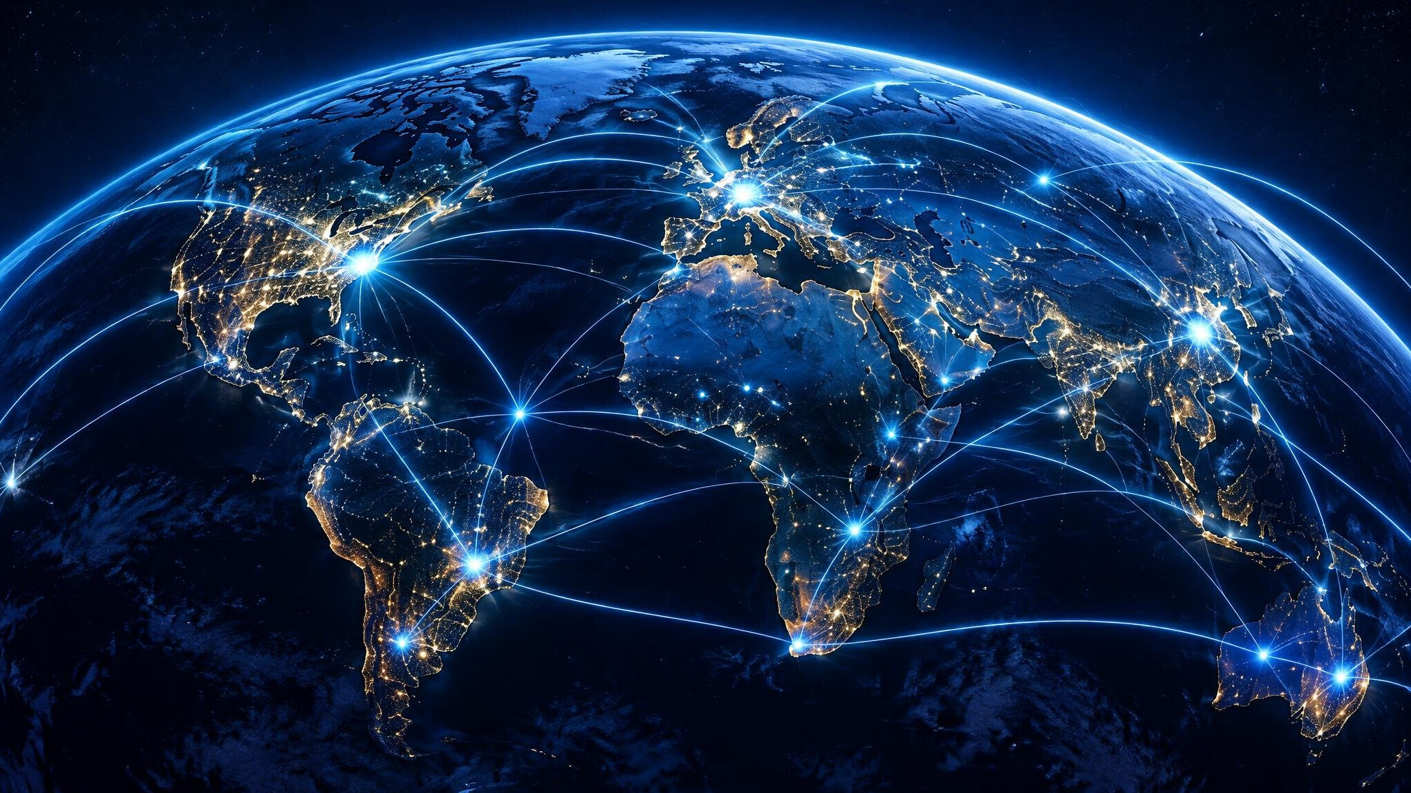 Glowing network of connections across the globe at night