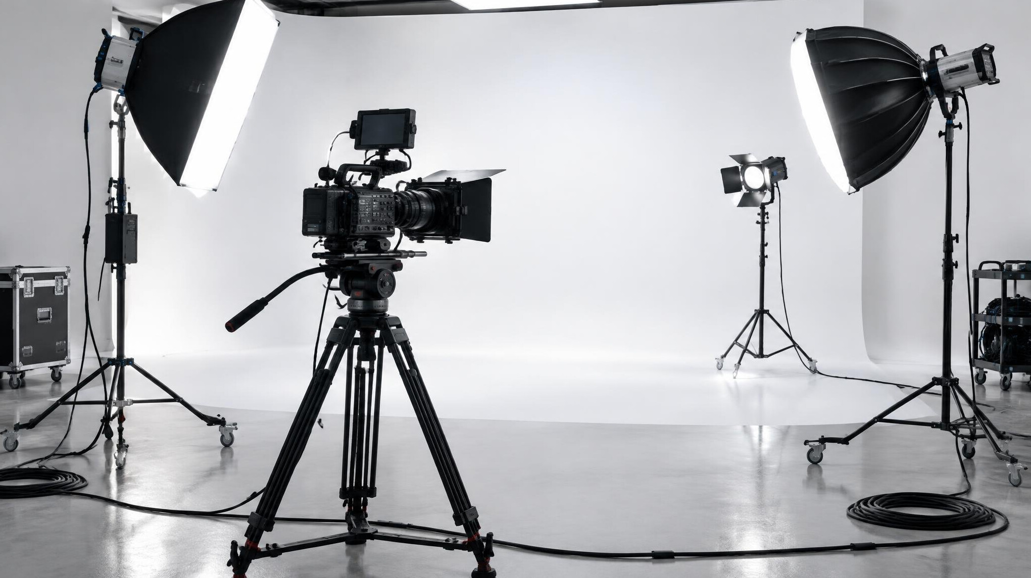 Professional film camera and lighting equipment on a studio set