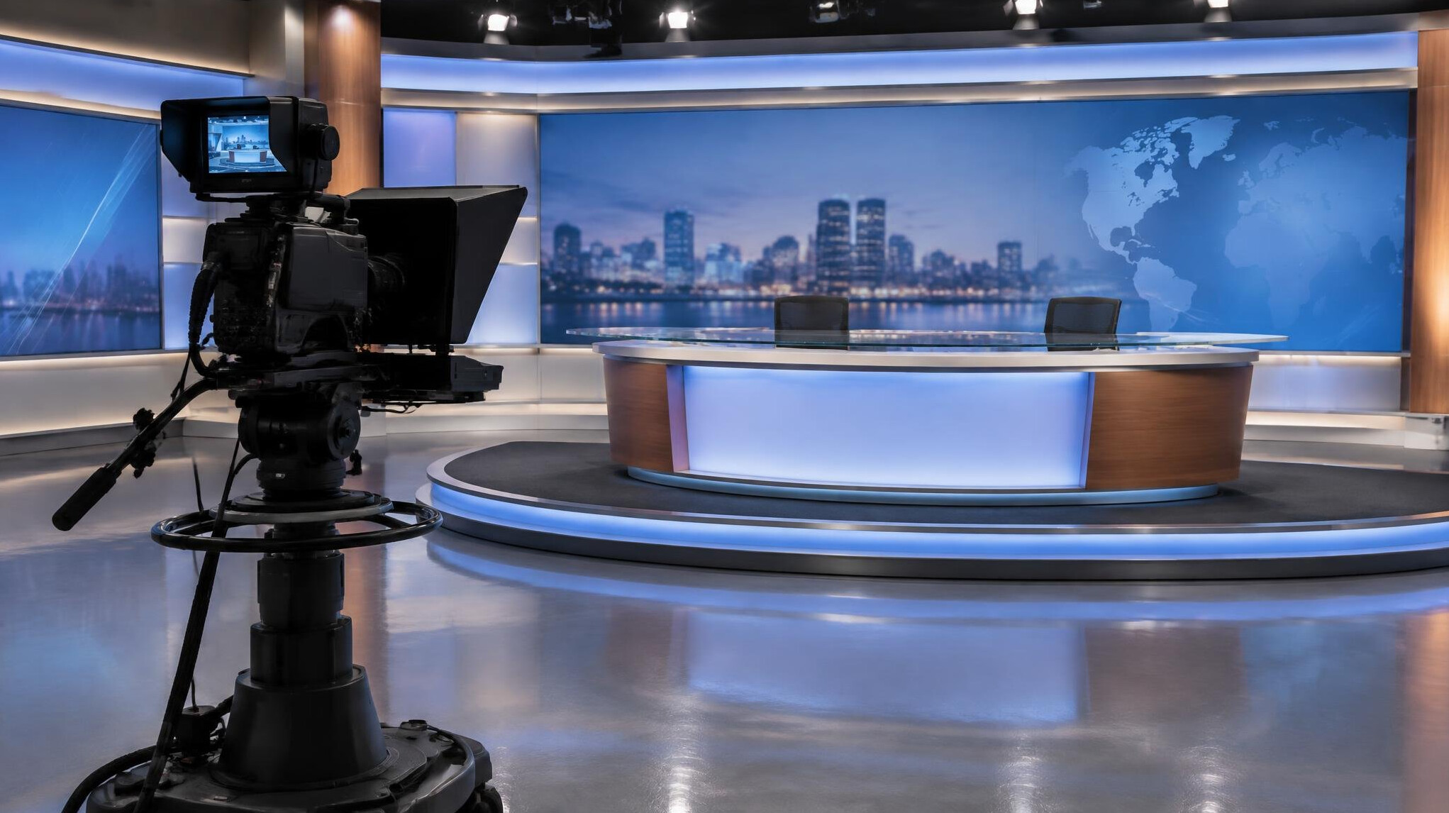 Television studio camera on a pedestal facing an empty news set