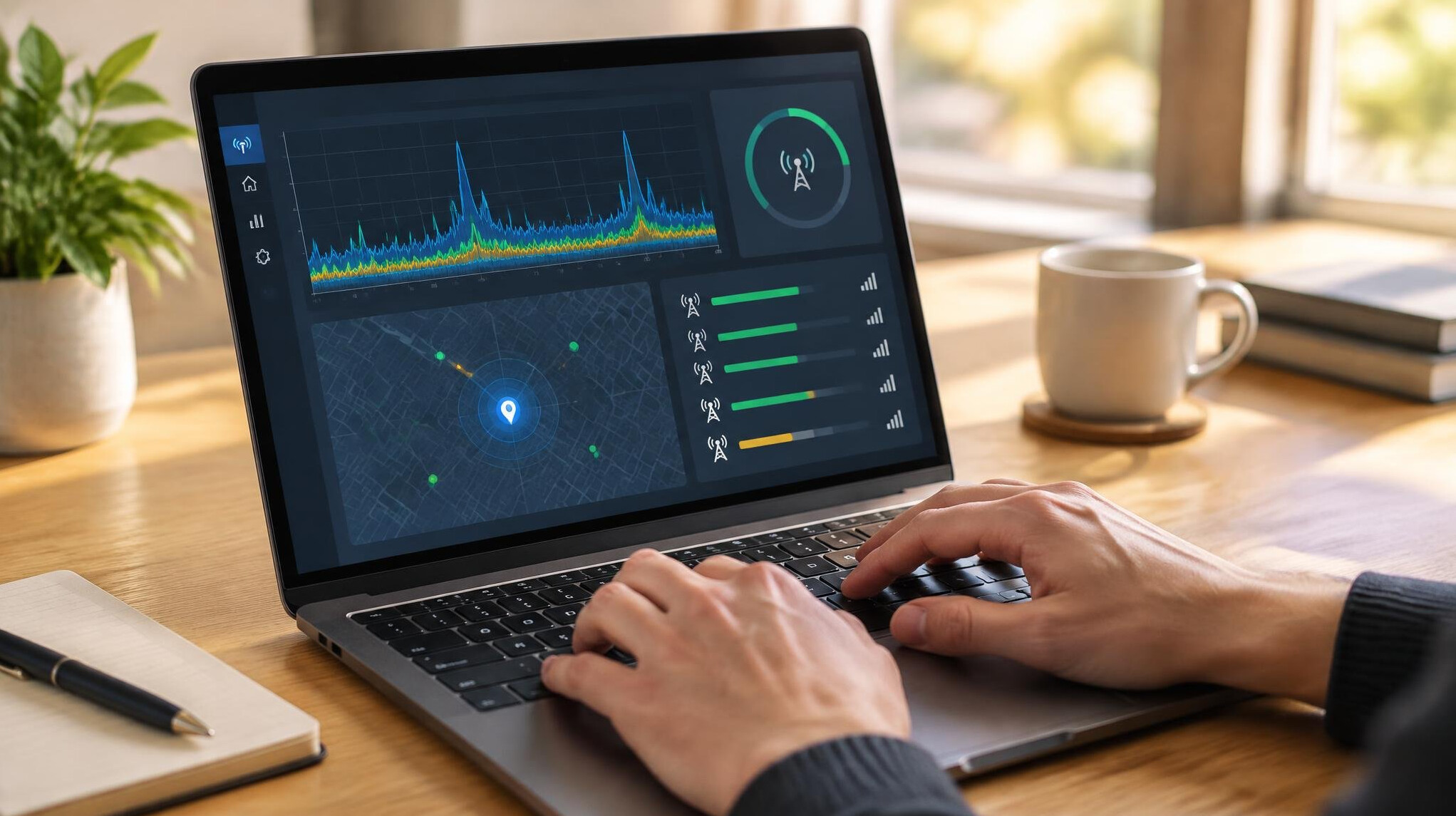 Hands typing on a laptop showing signal monitoring software