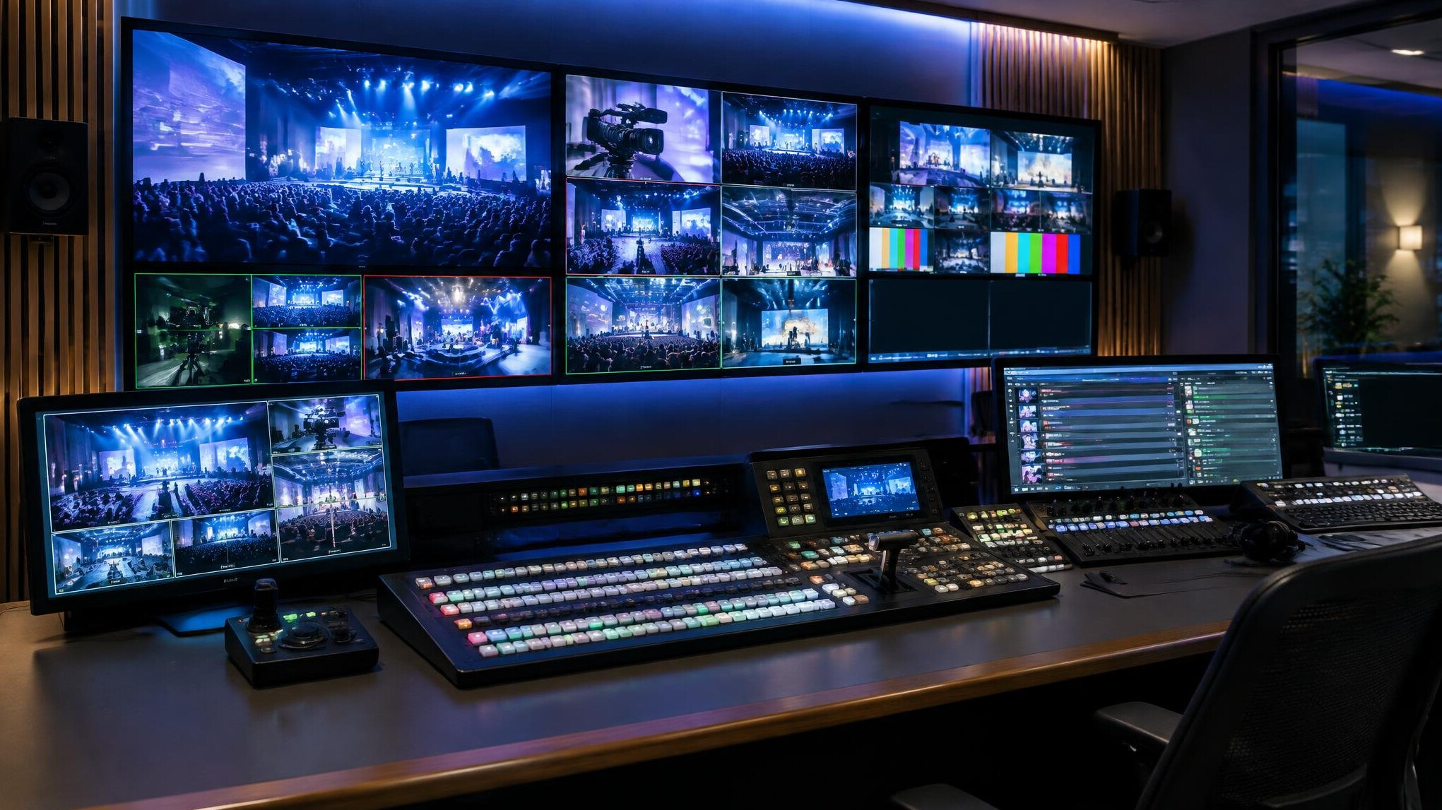 Video production control desk with multiple monitors showing live feeds