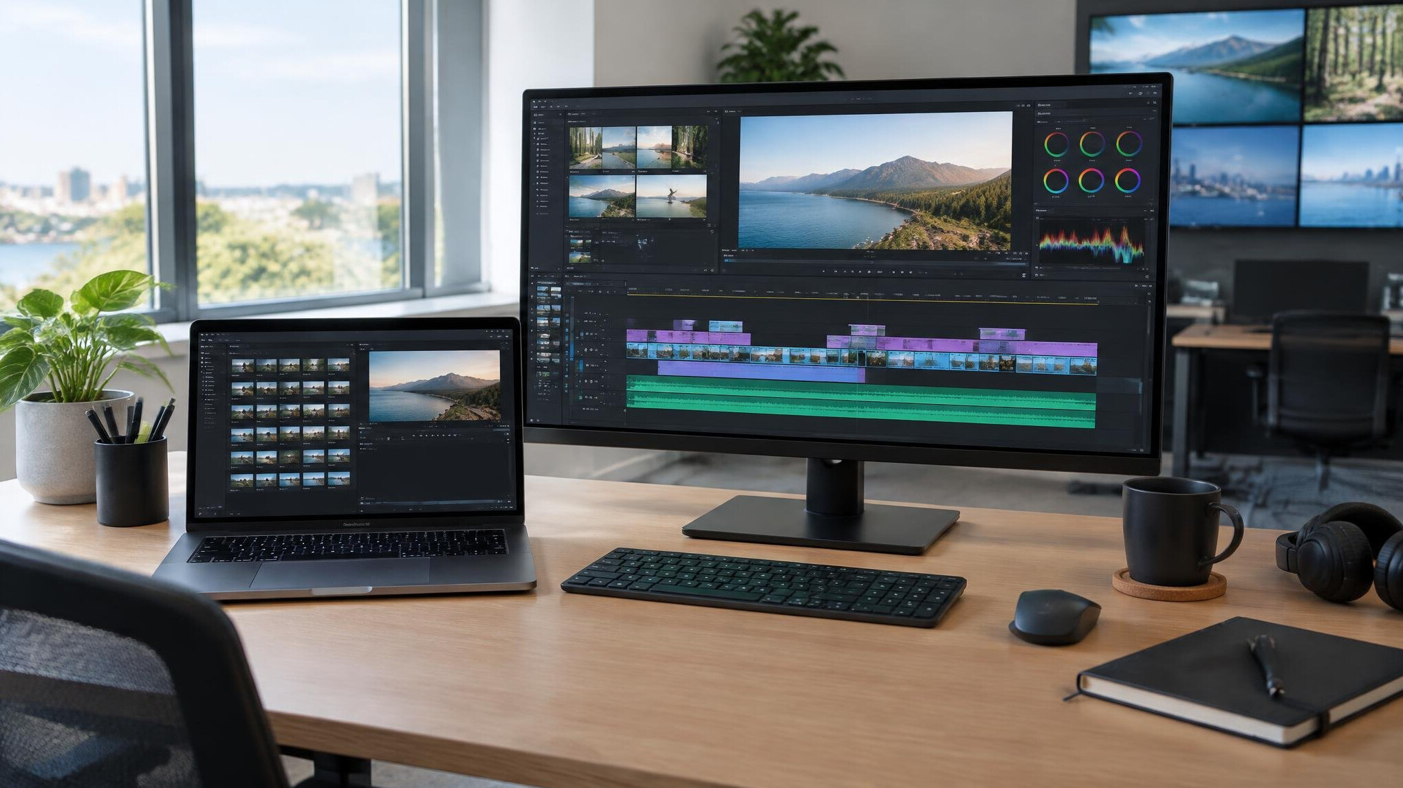 Laptop and monitor on a workstation in a video operations room